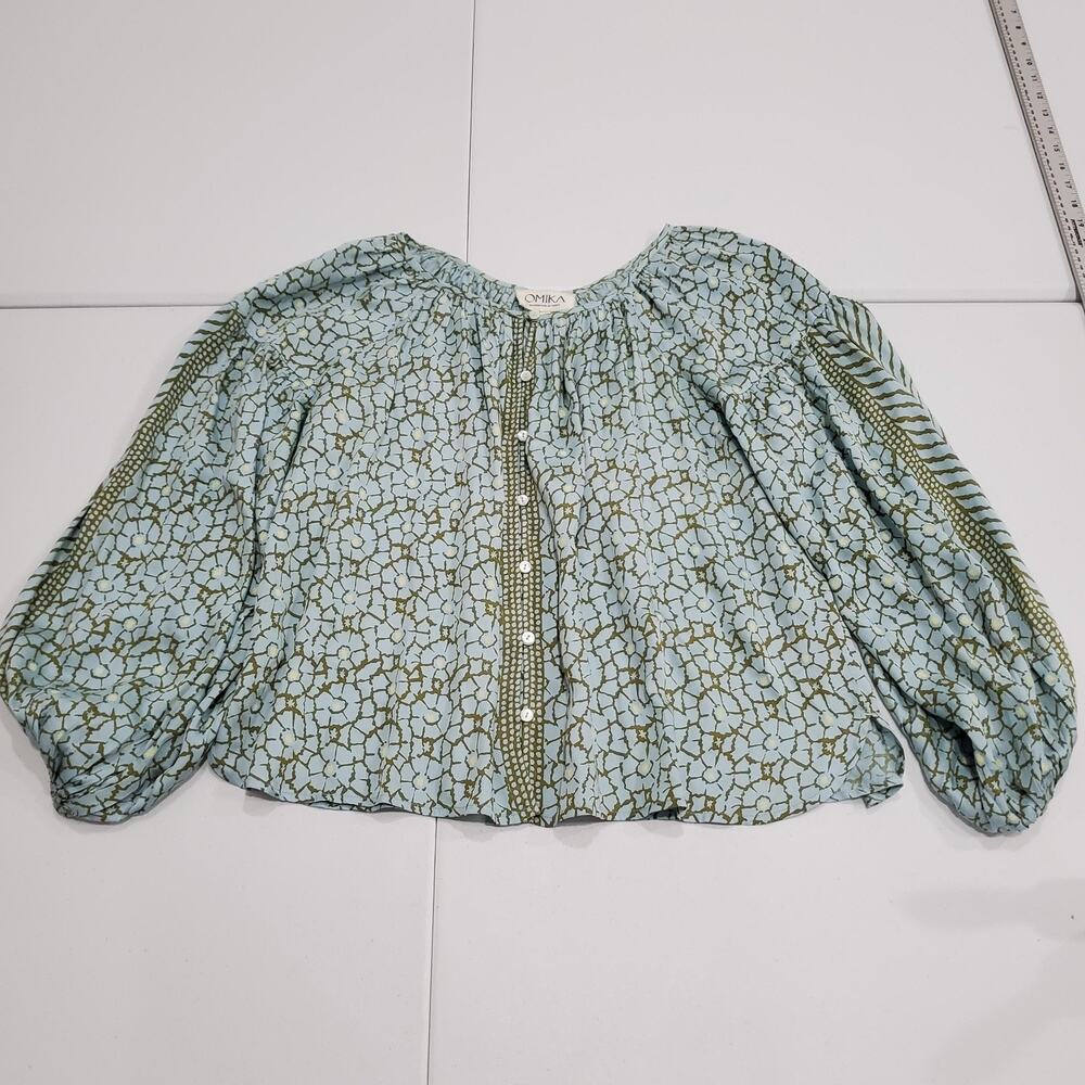 Omika Blouse Womens XS Blue Green Boho Peasant Button Front Modal Long Sleeve